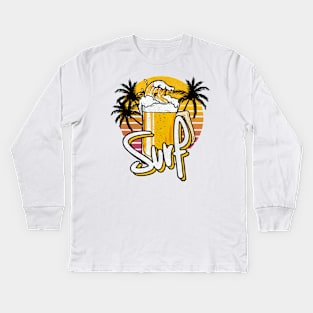 Funny Glass Of Beer Surf Wave Vintage Retro Sunset Design Kids Long Sleeve T-Shirt